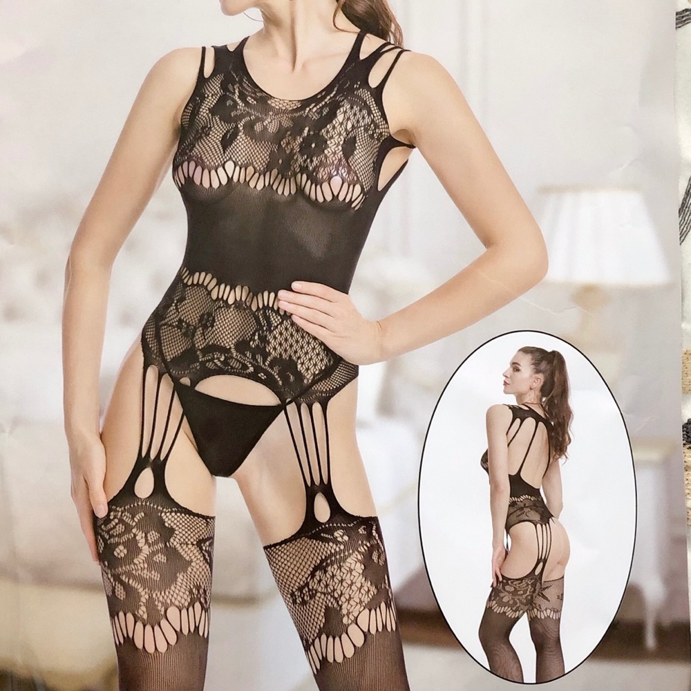 One-piece black lace mesh body stocking - Picture 1 of 1